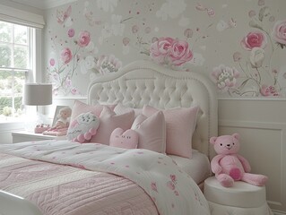 A white upholstered bed with pink floral bedding in a girls room