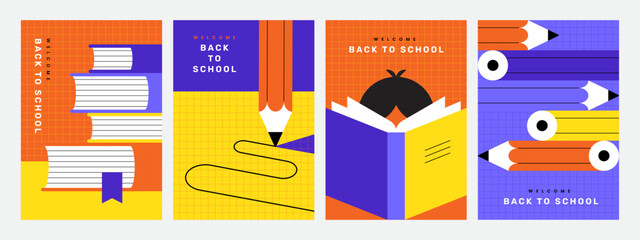 Bright, colorful back to school posters or banners set with books and pencils.