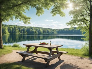 Obraz premium Forest Feast: Perfect picnic spot. Lakefront table offers stunning views and fresh air. generative AI