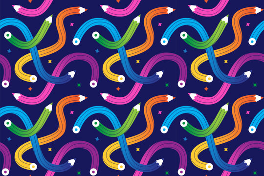 Funky seamless pattern with funny curved colorful pencils on a dark background. Creative drawing or writing concept. School education background.