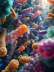 Naklejka premium Vibrant Diversity of Gut and Skin Microbiota Complex Microscopic Lifeforms Scanning Electron