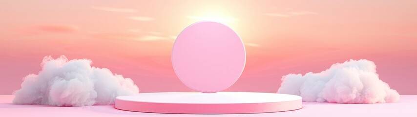 Obraz premium Luxury product display podium on pink background with 3D sky platform. Dreamy stage with romantic pastel sunset backdrop. 