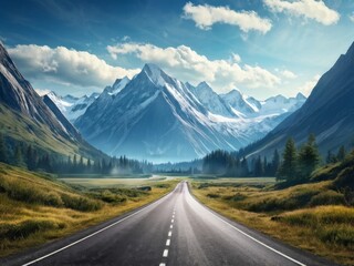 Naklejka premium Landscape with road and mountains. Empty road beckons, framed by a majestic mountain range. generative AI