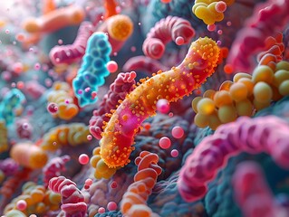 Obraz premium Vibrant Diversity of the Human Gut and Skin Microbiota Illustrated in Captivating Microscopic