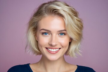 Fototapeta premium Portrait of beautiful smiling woman with white teeth and short blond hair on isolated background. Natural beauty with bright smile and joyful expression.