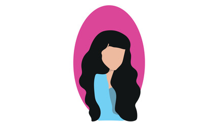 Silhouette of girl with black long hair, young girl in blue dress, faceless girl