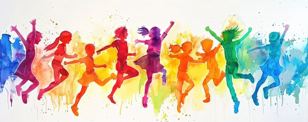 A group of children are running and jumping in a rainbow line. Concept of joy and playfulness, as the children are engaged in a fun activity together