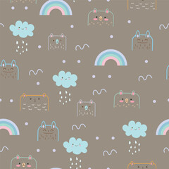 rainbow and cloud seamless pattern design with cute animal