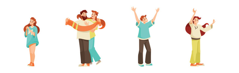 Man and Woman Sport Fan Character Supporting Team Cheering at Stadium Vector Set