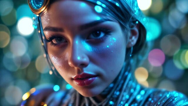 Alien Transforming into Young Woman with Futuristic Background. Close-up of Young Woman with Futuristic Makeup in Sci-Fi Setting