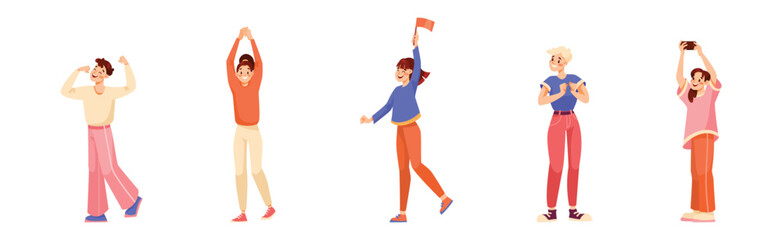 Man and Woman Sport Fan Character Supporting Team Cheering at Stadium Vector Set