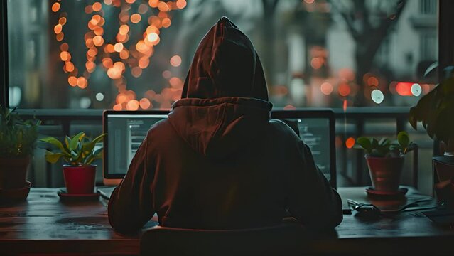 A person in a hoodie sits at a desk with a laptop, working late at night. The glow of street lights shines through the window behind them.