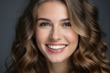 Fototapeta premium Portrait of beautiful smiling woman with white teeth and long wavy brown hair on gray background. Attractive female model with flawless skin and happy demeanor.