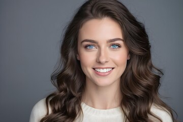 Naklejka premium Portrait of beautiful smiling woman with white teeth and long wavy brunette hair on gray background. Elegant female with perfect smile and cheerful expression.