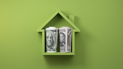 Rolled up $100 and $1,000 bills inside house icon isolated on green background with copy space. House price, mortgage cost, inflation, or investment concept. 3D illustration render.
