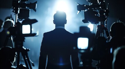 Man at media event surrounded by cameras Public figure silhouette