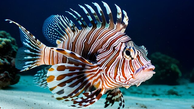 A lionfish with a black and white striped tail swims in the ocean. The fish is surrounded by coral and seaweed