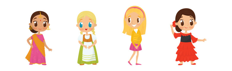 Cute Girl Kid Dressed in Elegant Clothes Standing and Smiling Vector Set