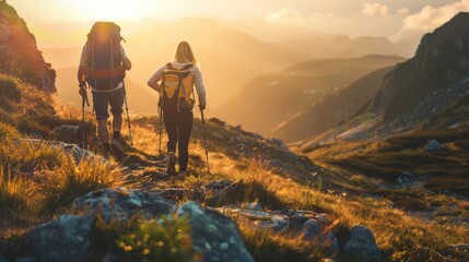Mountain travel hike people adventure man summer journey tourism group sunset trekking. Hike travel woman mountain walk active backpack nature together sport young trail outdoor. Generative Ai