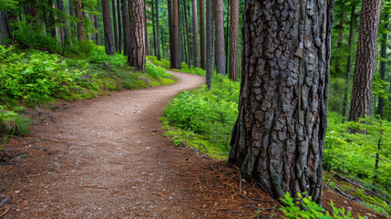 A path in a forest with a tree in the middle