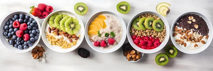 healthy breakfast ideas a colorful assortment of fruits and vegetables, including sliced kiwi, kiwis, and strawberries, arranged in white bowls