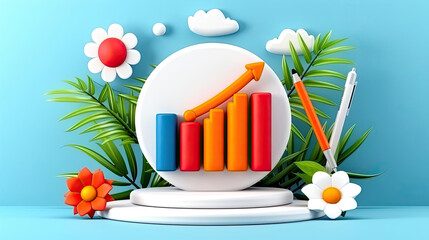 Colorful bar graph with an arrow pointing up, surrounded by flowers and green leaves, symbolizing growth and success.