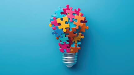 Colorful puzzle pieces forming light bulb on blue background