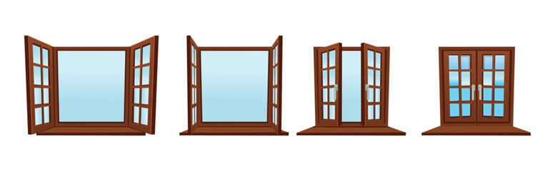Set of wooden vector windows. Open and closed. For animation, cartoon. Vector illustration in flat cartoon line style. © NADEZHDA