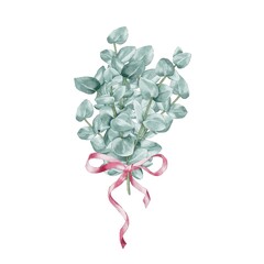Eucalyptus leaves bouquet with pink satin tape composition watercolor. Perfect wedding stationary, greetings, fashion, medicine, background. For fabric textile design or Product packaging