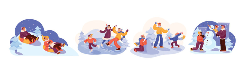 Fototapeta premium Happy Family in Winter Season Enjoy Recreation Activity Vector Set