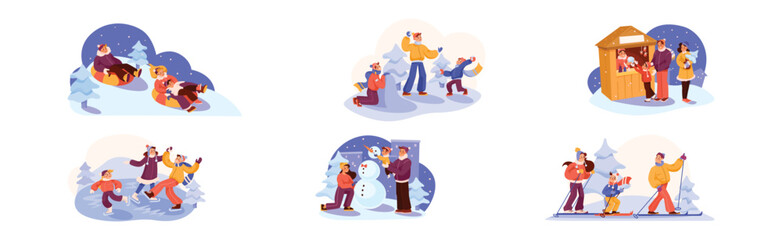 Happy Family in Winter Season Enjoy Recreation Activity Vector Set