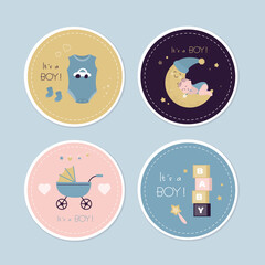 Set of colorful stickers for boy's birthday in doodle scandinavian style. Circle shaped baby shower stickers with pram, blocks, clothes and moon