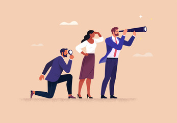Business Leadership Concept. Vector illustration in flat style of three diverse people in business  outfits looking forward. Isolated on background 