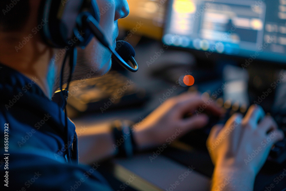 Wall mural a man with a headset, working on a computer in a low-lit room, focusing on the screen with coding di