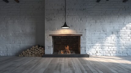 a modern loft-style home with a fireplace featuring a black metal shelf, wood on a wooden floor, and a brick wall background.