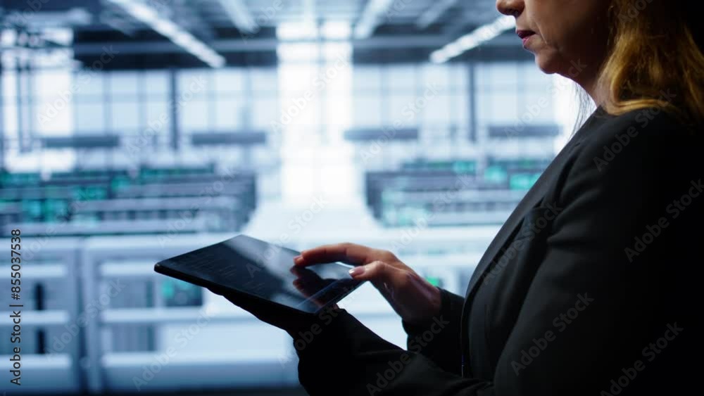 Poster system administrator monitoring server room, doing checkup, inputting data on tablet of needed fixes