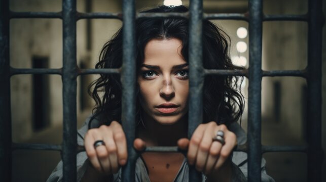 Female prisoner with hands on steel grating, close up female crime in prison