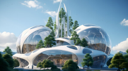 A modern architectural visualization of a futuristic building with a bio-dome design, seamlessly integrating nature and technology