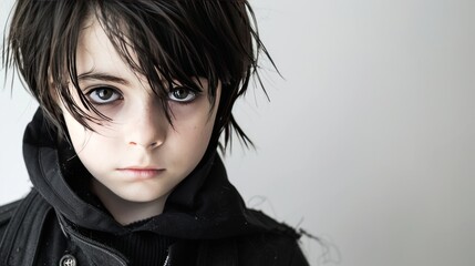 Portrait of a Stylish Young Boy with Messy Black Hair