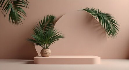 Fototapeta premium Minimalist modern abstract geometric mockup podium display with fresh palm leaves on a pastel color background