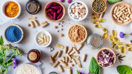 Assortment of various supplements and natural ingredients in bowls and containers