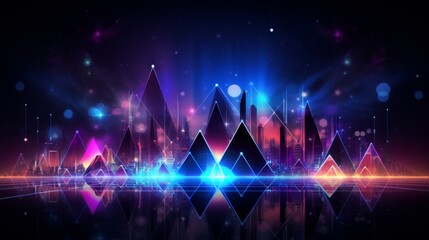 Futuristic cityscape with glowing neon pyramid structures and reflections.