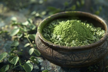 Green powder in carved wooden bowl with scattered leaves on blurred background