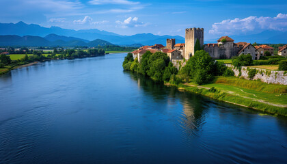 Fototapeta premium A beautiful river with a castle on the other side