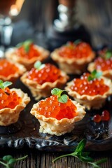 Tiny appetizers made of red caviar in small pastry shells