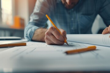 Closeup of a man's hand drawing on blueprints with a pencil.