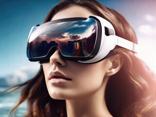 Naklejka premium A young woman puts a virtual reality headset over her eyes. Modern technologies innovation.