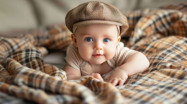 Cute baby with blue eyes wearing a cap lying on plaid blanket. Studio baby portrait - Powered by Adobe
