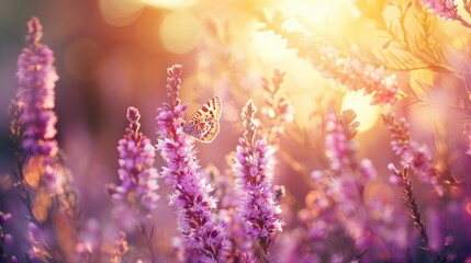 Violet heather flowers and butterfly in rays of summer sunlight in spring outdoors on nature macro, soft focus. Atmospheric photo, gentle artistic image