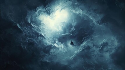 Obraz premium A swirling mass of dark clouds with a single, bright light shining through. The clouds create a sense of mystery and drama.